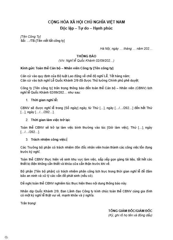 thông báo nghỉ lễ 2/9