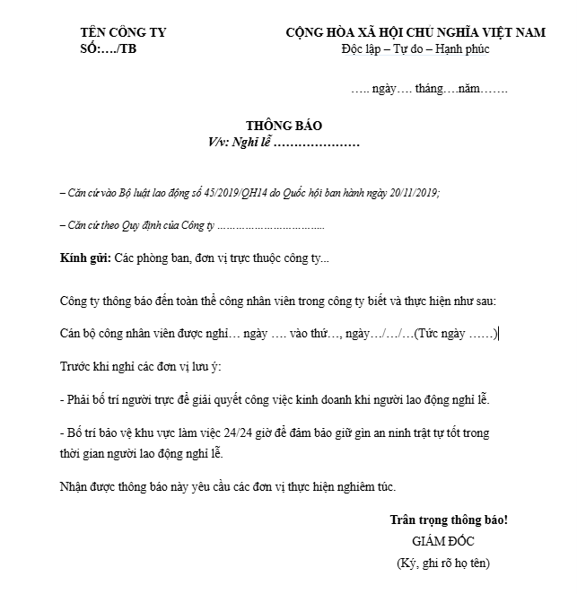thông báo nghỉ lễ 2/9
